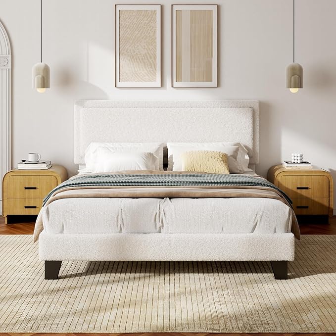 King Size Bed Frame with Adjustable Headboard, Boucle Cloud Platform Bed with Wood Slats, Mattress Foundation, No Box Spring Needed, Easy Assembly, Beige