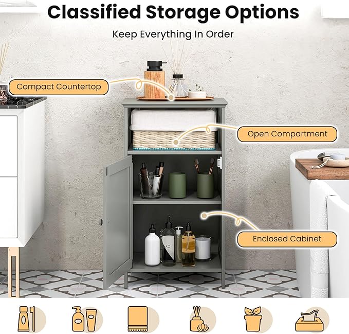 Tangkula Bathroom Storage Cabinet, Freestanding Wooden Single Door Side Floor Organizer with Adjustable Shelf, Small Bathroom Cabinet for Small Spaces, Living Room (Grey)