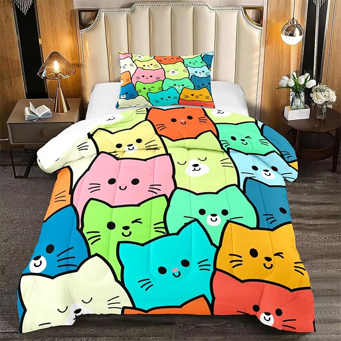 Cat Twin Comforter Set for Bedroom - 2Pcs Lovely Bedding Set Cute Cat Patterns for Girls Boys Kids Warm Soft Breathable Cats Comforter with 1 Pillowcase, Twin Size