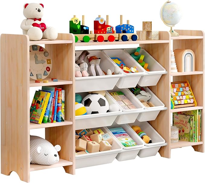 MallBest 4-Tier Kids' Toy Storage Organizer Shelf - 100% Solid Wood,Extra Wide Children's Storage Cabinet with 9 Plastic Bins and 6 Storage Ports