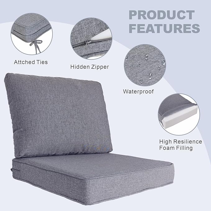 JMGBird Outdoor Cushion Tufted Pillow, Deep Seat Outdoor Chair Cushion 22"x22" Patio Cushions for Outdoor Furniture Grey