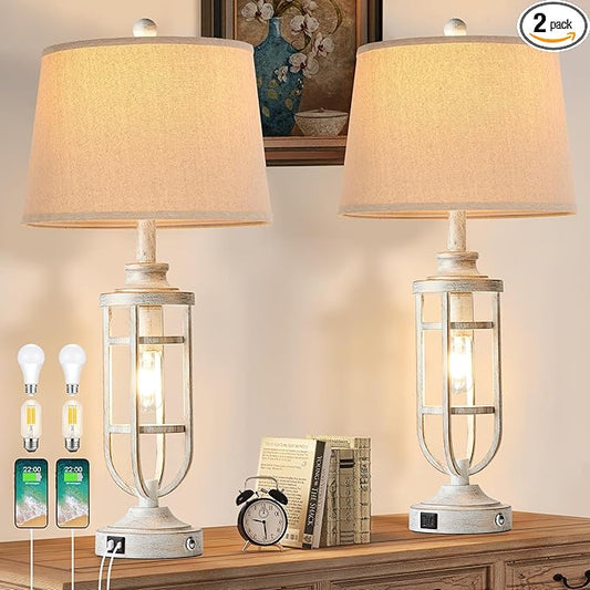 28" Table Lamps for Living Room Set of 2, Farmhouse Touch Lamps for Nightstand with USB A+C, Vintage Bedside Lamps for Bedroom End Tables, Bulbs Included