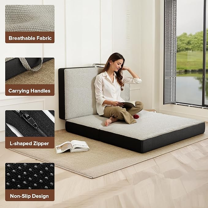 Memory Foam Trifold Mattress - Twin Portable Floor Bed 6 Inch, Foldable Mat with Washable Cover, Handle & Non-Slip Bottom, for RV, Travel, Camping, Yoga, 75"x38"x6"