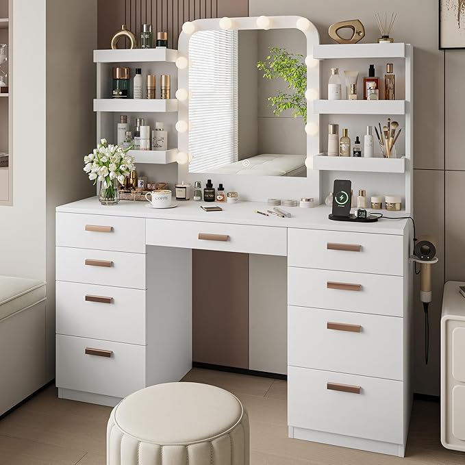 Makeup Vanity with Mirror and LED Lights, Vanity Desk Table with 9 Drawers, 6 Storage Shelves with Protect Panel, Power Outlet and 3 Color Modes Available for Bedroom Dressing Room, White