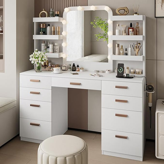Makeup Vanity with Mirror and LED Lights, Vanity Desk Table with 9 Drawers, 6 Storage Shelves with Protect Panel, Power Outlet and 3 Color Modes Available for Bedroom Dressing Room, White