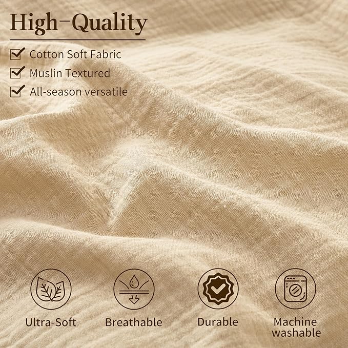 MEISHANG Muslin Duvet Cover King Size - 100% Organic Cotton, Soft Textured Gauze Weave Comforter Cover for Breathable All-Season with Zipper Closure - 3 Piece Set (King, Linen)