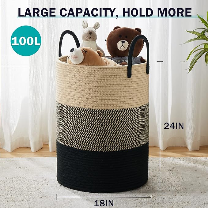 Woven Rope Laundry Hamper Basket, 100L Tall Laundry Basket, Baby Nursery Hamper for Blanket Storage, Clothes Hamper for Laundry in Bedroom-Extra Large-Black Brown