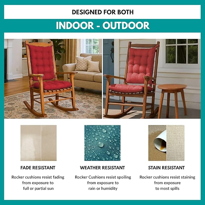 Rave Ruby Red Porch Rocker Cushions - Small - Indoor-Outdoor, Fade Resistant, Weather Resistant - Latex Foam Fill Rocking Chair Seat Cushion & Backrest Pad Set - Solid Color
