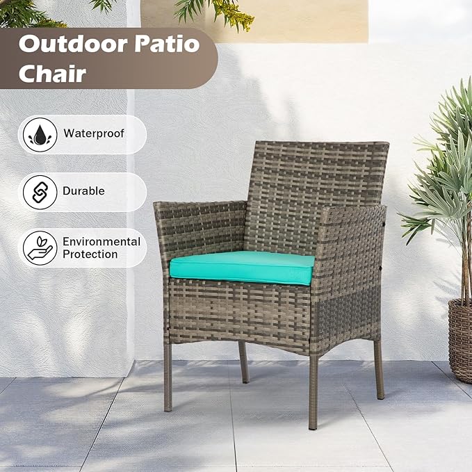 FDW | 4-Piece Patio Furniture Set | Gray & Blue | Outdoor Wicker Furniture with Coffee Table | Modern Rattan Chairs Conversation Set | Outdoor Seating | Weather-Resistant | for Porch, Garden, Lawn