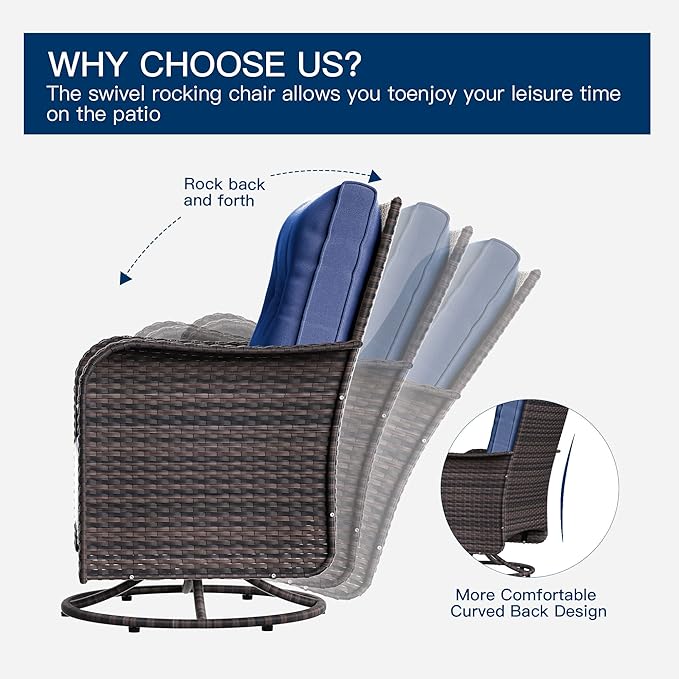 Kurapika 13 Pieces Patio Furniture Set, Rattan Wicker Outdoor Conversation Sets w/43in Propane Fire Pit Table, Swivel Rocking Chairs Patio Sectional Sofa w/4 Inch Cushion, Navy Blue