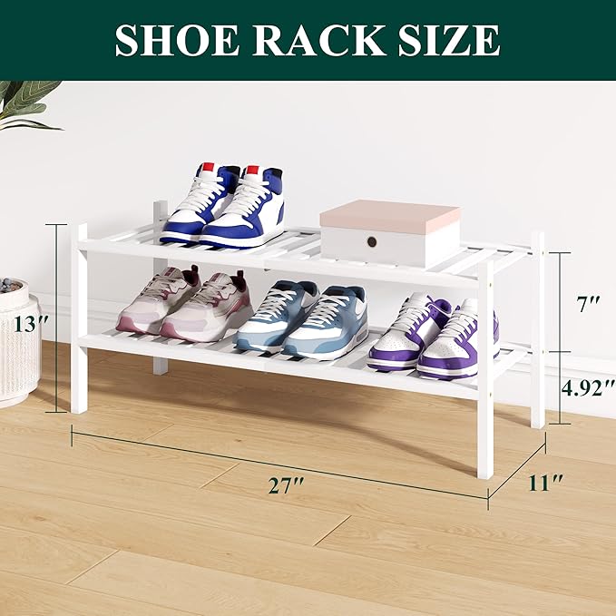 Smiry Bamboo Shoe Rack for Closet, 2 Tier Wooden Stackable Shoe Organizer, Free Standing Shoes Storage Shelf for Entryway, Front Door Entrance, White