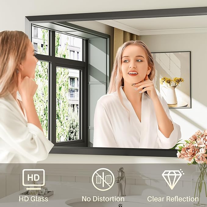 48x32 Inch Black Bathroom Mirror for Wall, Thick Metal Framed Rectangle Mirrors for Over Sink, Bedroom, Living Room, Entryway, Anti-Rust, HD Tempered Glass