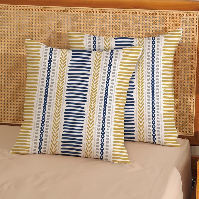 Boho Pillow Covers 18x18 Set of Yellow Blue Stripes Throw Pillow Covers Outdoor Decoration,Bohemian Abstract Modern Decor Pillowcase Farmhouse Linen Decorative Cushion Cover for Sofa Couch