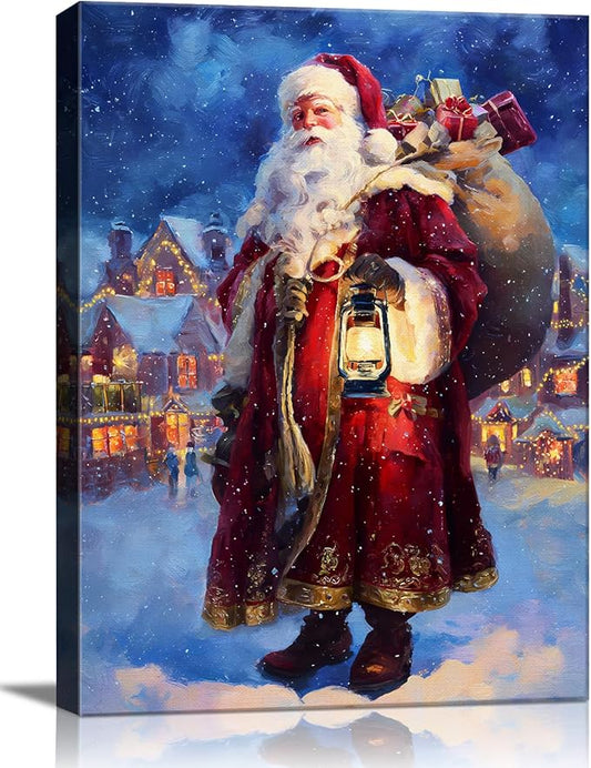 Vintage Santa Claus Delivers Gifts Canvas Wall Art - Rustic Framed Christmas Canvas Prints for Living Room, Cozy Winter Wall Decor, Ideal Christmas Gifts & Festive Decorations