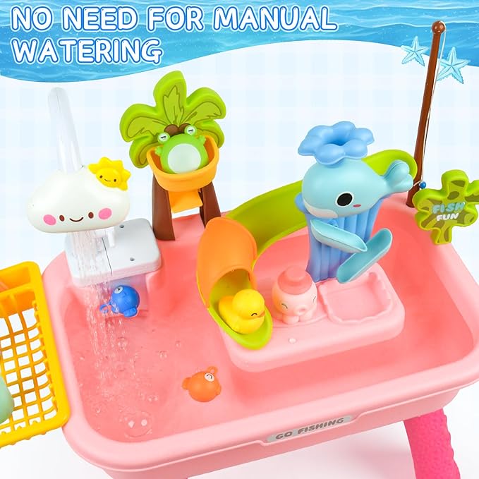 2026 Upgraded Water Table for Toddlers 1-3, Water Table with Pump,Toy Kitchen Sets for Kids Ages 4-8, with Detachable Legs, Play Sink with Electric Faucet, Includes Play Vegetables and Fishing Game