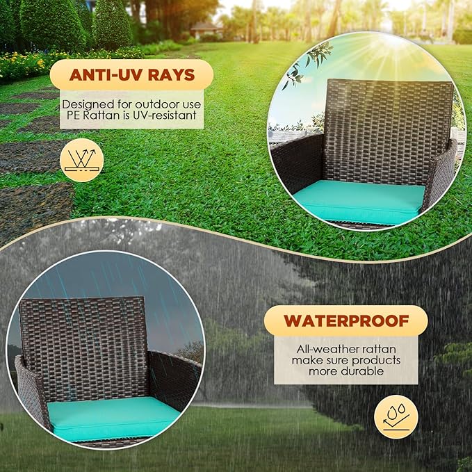 FDW | 4-Piece Patio Furniture Set | Brown & Blue | Outdoor Wicker Furniture with Coffee Table | Modern Rattan Chairs Conversation Set | Outdoor Seating | Weather-Resistant | for Porch, Garden, Lawn