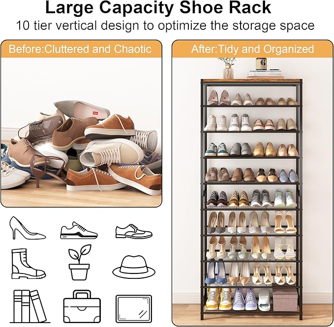 HOMEFORT 10 Tiers Shoe Rack Organizer,30" Shoe Storage Shelf for Closet, Shoe Rack for Entryway,Holds 36-40 Pairs of Shoe, Tall Shoe Stand with Metal Shelves and MDF Top Board,Rustic Brown