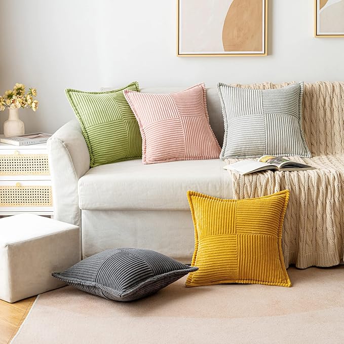 MIULEE Decorative Throw Pillow Covers for Couch Bed Livingroom 18x18 Inch Set of 2 Green Boho Accent Throw Pllows Broadside Striped Patchwork Soft Corduroy Summer Pillowcases