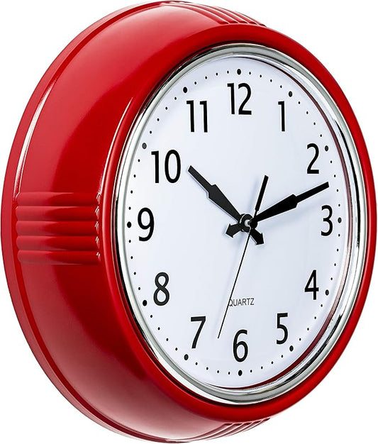 Bernhard Products Retro Wall Clock 12 Inch Red Kitchen 50's Vintage Design Round Silent Non Ticking Battery Operated Quality Quartz Clock for Home Office School or Classroom