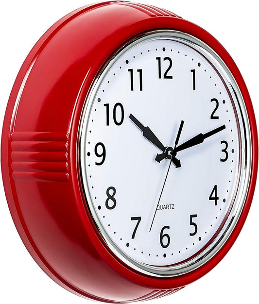 Bernhard Products Retro Wall Clock 9.5 Inch Red Kitchen 50's Vintage Design Round Silent Non Ticking Battery Operated Quality Quartz Clock