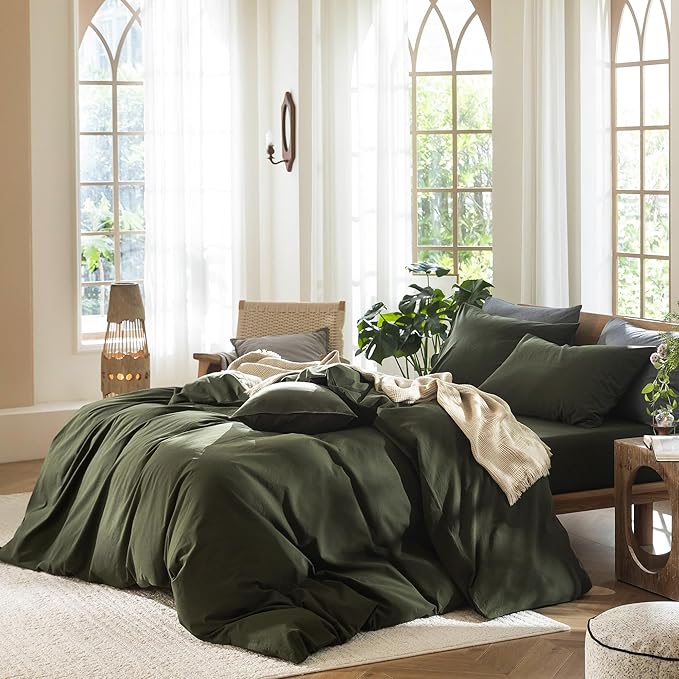 MooMee Bedding Duvet Cover Set 100% Washed Cotton Linen Like Textured Breathable Durable Soft Comfy (Solid Olive Green, Oversized Queen 98"x98")