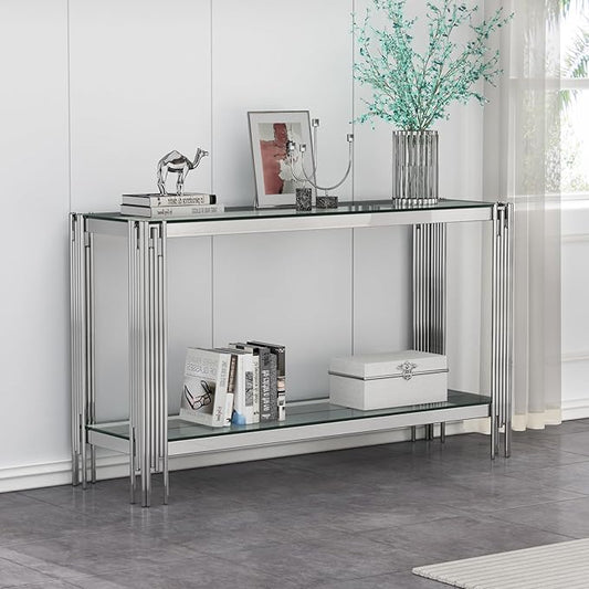 Goujxcy Modern Glass Console Table 55" Silver Entryway Table with Tempered Glass Top and Mirror Stainless Steel Legs,Luxury Rectangular Sofa Table for Living Room Hallway Corridor Table (Silver)