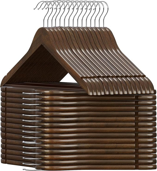 30 Pack Wooden Coat Hangers, 360° Swivel Hook, Suit Hangers with Anti-Slip Notches, for Jackets, Shirts, Dress, Dark Walnut, UAWY0530H