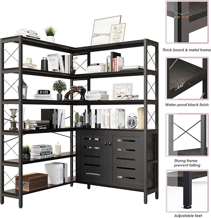 Corner Bookshelves and Bookcases Industrial Corner Etagere Bookcase L Shaped Shelf 6 Tiers with Metal Frame for Living Room Home Office