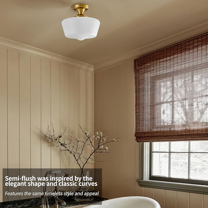 Schoolhouse Light Fixture Modern Gold Ceiling Light,Semi Flush Mount Ceiling Light,12''Wide Opal Milk Glass Shade,Brass Vintage Light for Farmhouse Bedroom Kitchen Hallway Entryway