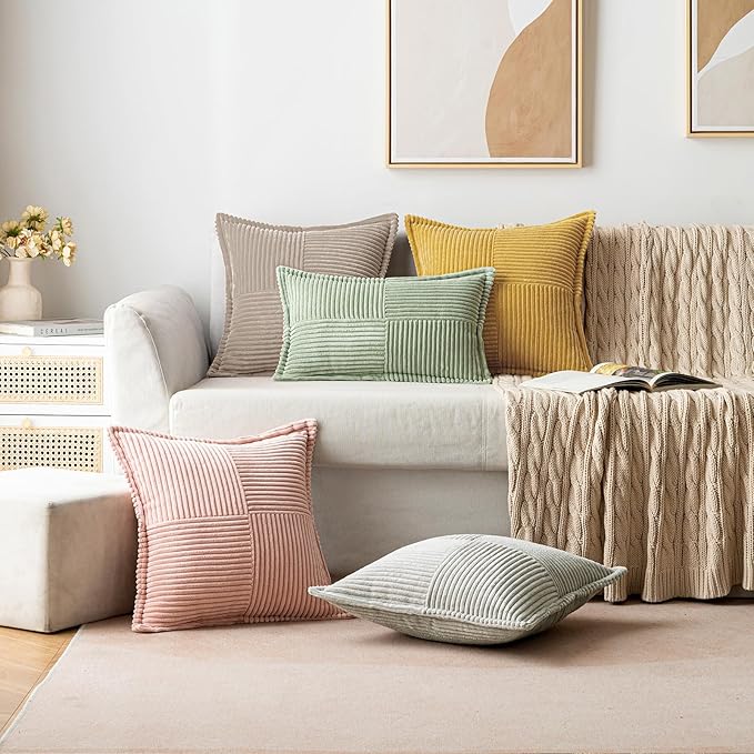 MIULEE Decorative Throw Pillow Covers for Couch Bed Livingroom 20x20 Inch Set of 2 Light Brown Boho Accent Throw Pllows Broadside Striped Patchwork Soft Corduroy Pillowcases