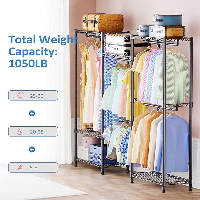 IZEUK Heavy Duty Garment Rack, Wardrobe Combination and Tall Dresser with Hanging Rack for Clothes with 5 Rods, Freestanding Adjustable Metal Closet Organizer, 15.7" D x 70.8" W x 76.5" H, Black