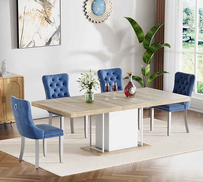 Goujxcy 78.7" Farmhouse Extendable Dining Room Table Set for 4, 5-Piece Rectangle Kitchen Dining Room Table Set with Wood Base and 4 Blue Velvet Dining Chairs, Transformer Kitchen & Dining Table Set
