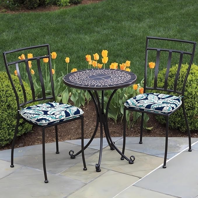 Set of 2 Outdoor Chair Cushions with Ties,Water Repellent Patio Chair Pads 17"x 16" for Outdoor Furniture,Round Corner Seat Cushions for Garden Yard Kitchen Baltic Palms White