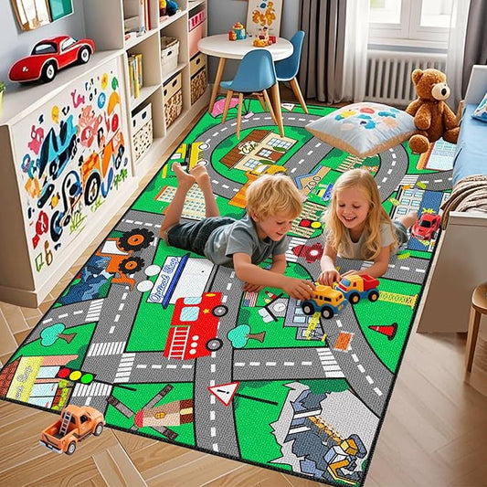 Car Track Rug - Car Rugs for Kids Toy Cars City Life Road Mat for Kid Large Kids Play Mat Cars Rug for Boys Girls Playroom Living Room Bedroom Classroom, Green, 5'×7'