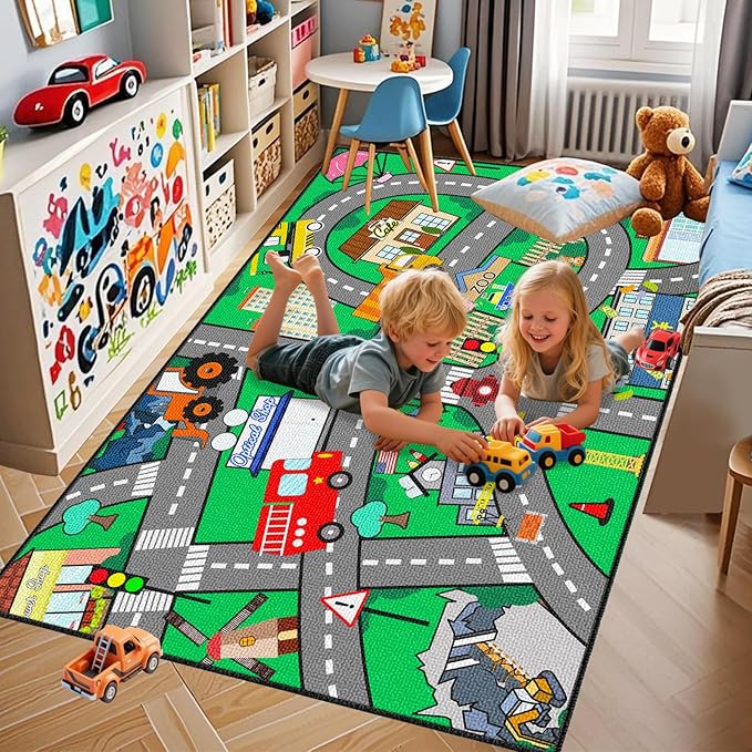 Car Rug - Car Rugs for Kids Toy Cars City Life Car Road Mat for Kids Track Rug Car Carpet for Boys Girls Playroom Living Room Bedroom Classroom, 4'5''×6'