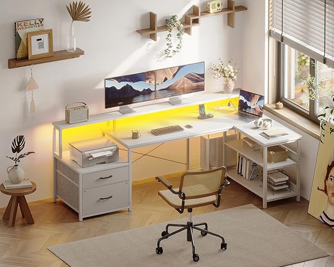 ODK L Shaped Desk with File Drawer, 66" Reversible L Shaped Computer Desk with Power Outlet & LED Strip, Home Office Desk with Storage Shelves, Gaming Desk with Monitor Shelf, Corner Desk, White