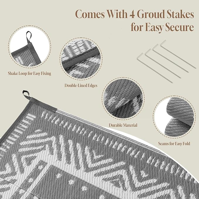 OMERAI Reversible Waterproof Outdoor Rug for Backyard,Plastic Textured Resistant Outdoors Rugs,Portable Washable Easy Cleaning Foldable Camping Beach Carpet for Patio Courtyard, 6'x9' Gray & White