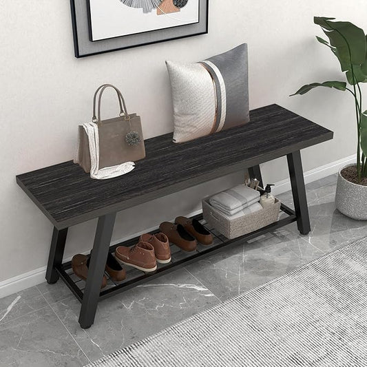 Industrial Entryway Bench Rustic Wood and Metal Storage Bench for Indoor Living Dining Room Bedroom Long Shoe Benches Seat (Charcoal Black)