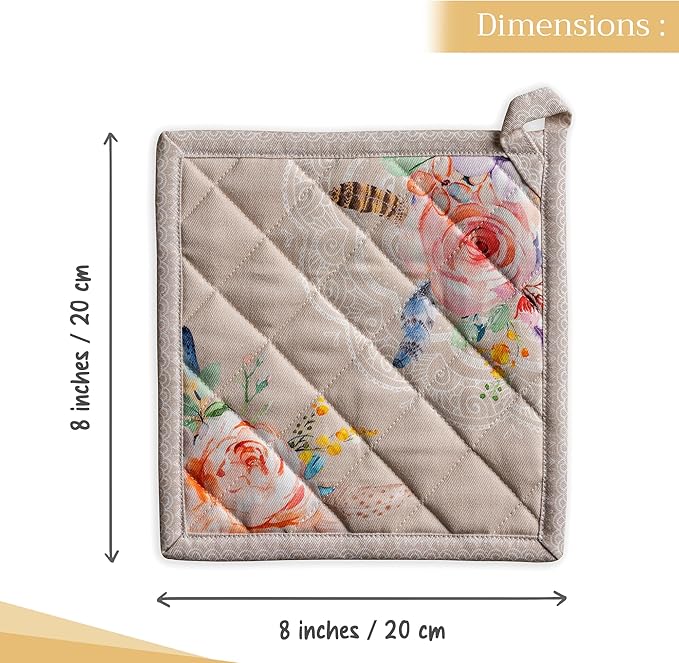 Maison d' Hermine Pot Holders Set 100% Cotton Heat Resistant Potholders 8" x 8" Hot Pads with Loop BBQ, Cooking, Baking, Grilling, Kitchen, Handling Hot Pans Spring/Summer (Pack of 2, Ibiza - Beige)