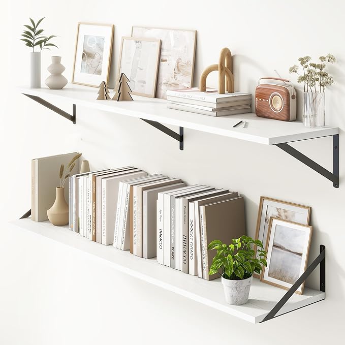 Floating Shelves 55 Inch Long, 10" Deep Floating Shelves, White Wall Shelves 55 x 10, Set of 2, Wide Large Display Storage Shelves for Bathroom, Living Room, Rustic Wood Shelves with Brackets