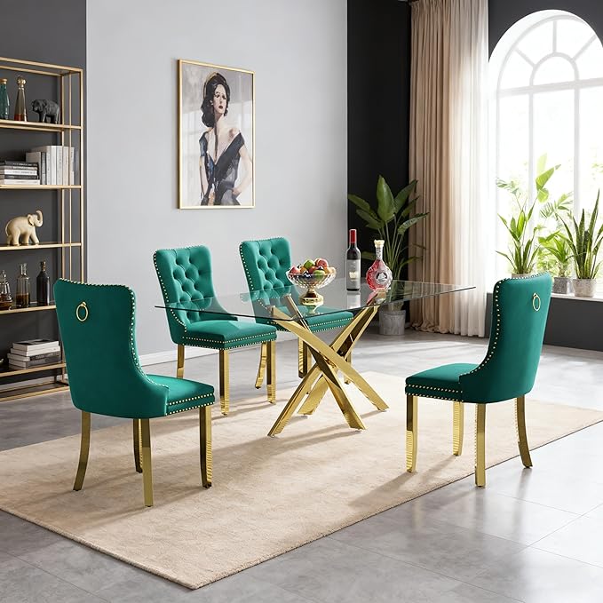 Goujxcy 51" Glass Dining Table Set for 4, Modern Kitchen Table and Chairs Set w/Steel Legs, 5-Piece Dining Table Set w/Glass Gold Dining Table and 4 Green Velvet Chairs for Kitchen Dining Room