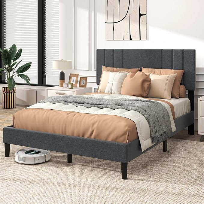 Giantex Full Size Platform Bed Frame, Modern Upholstered Bed Frame with Vertical Channel Tufted Headboard, Wooden Slats Support, No Box Spring Needed, Gray