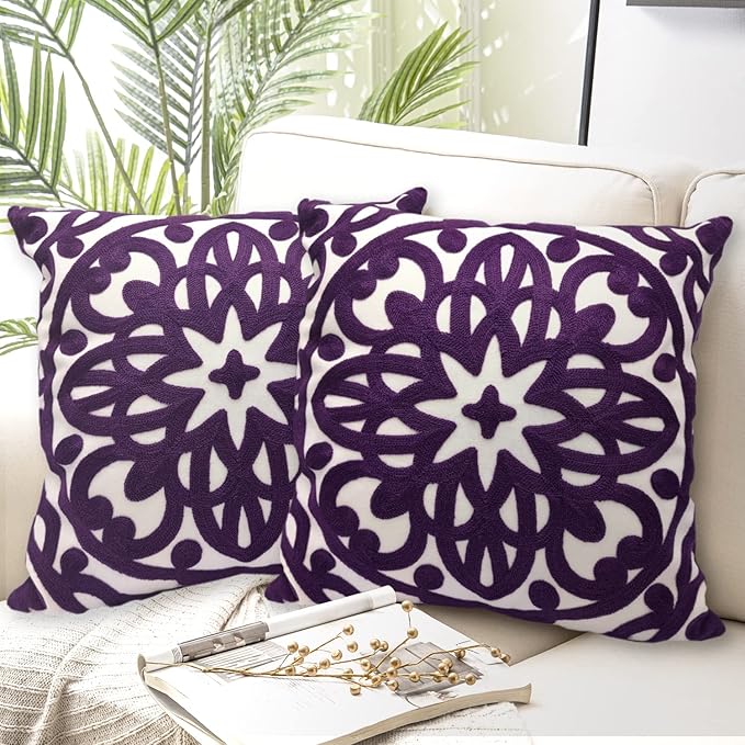 Alysheer Embroidered Decorative Throw Pillow Covers 18"x18" Set of 2 Pieces, Classic Boho Mandala Knit Pattern, Durable 100% Cotton Canvas Cushion Cases for Sofa Couch Living Room (Dark Purple)
