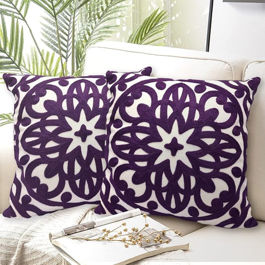Alysheer Embroidered Decorative Throw Pillow Covers 18"x18" Set of 2 Pieces, Classic Boho Mandala Knit Pattern, Durable 100% Cotton Canvas Cushion Cases for Sofa Couch Living Room (Dark Purple)