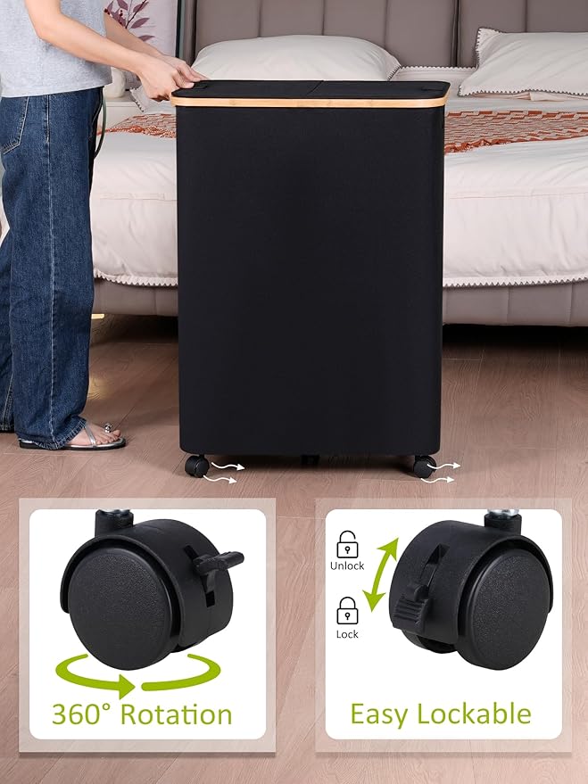 efluky Double Laundry Hamper with Wheels, Divided Laundry Hamper with Removable Bags, 2 Section Dirty Clothes Basket with Handles for Bathroom, Bedroom & Laundry Room, 160L Dark Black