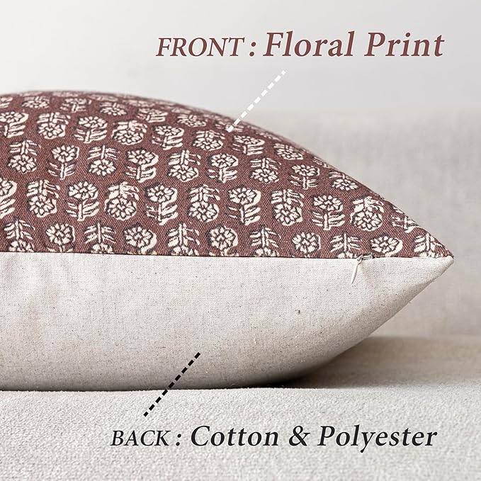 Foindtower Set of 2 Decorative Neutral Floral Print Throw Pillow Covers Vintage Accent Farmhouse Cushion Covers Boho Home Decor for Sofa Couch Chair Bedroom Living Room Outdoor,20×20 Inch,Wine Red