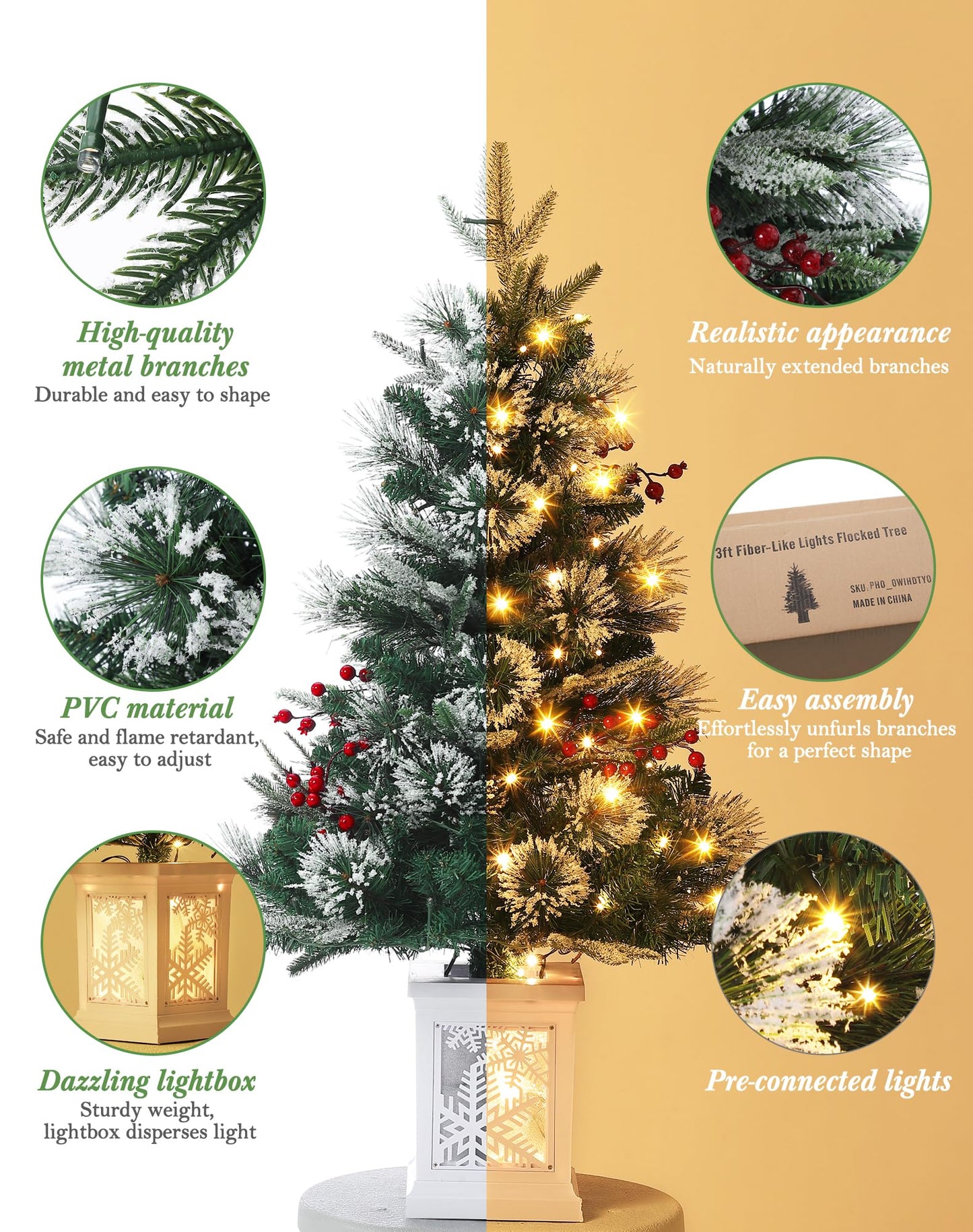 3FT Prelit Premium Snow Flocked Artificial Christmas Tree with Warm White LED, Mini Prelit Xmas Pine Tree for Christmas Decoration,Yard,Home,Office,Outdoor,Indoor,8 Mode Snowflake White Base- 1PC