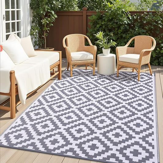 OLANLY Waterproof Outdoor Rug 6x9 ft, Outdoor Plastic Straw Rug for Camping, RV Mat Outside, Outdoor Carpet for Porch, Deck, Backyard, Balcony, Picnic, Grey & White