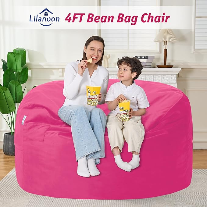 4FT Bean Bag Chair with Ultra Soft Velvet Cover Bean Bag Sofa with Memory Foam Bean Bag Chairs with Large Size Lazy Sofa for Dorm Office Living Room Bedroom Hot Pink 4'