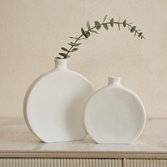 White Ceramic Vase Set of 2, Boho Vase for Decor, Matte Frosted Texture Finish,Modern Rustic Farmhouse Home Decor,Vases for Pampas Grass&Dried Flowers,idea Shelf,Table,Mantel,Entryway